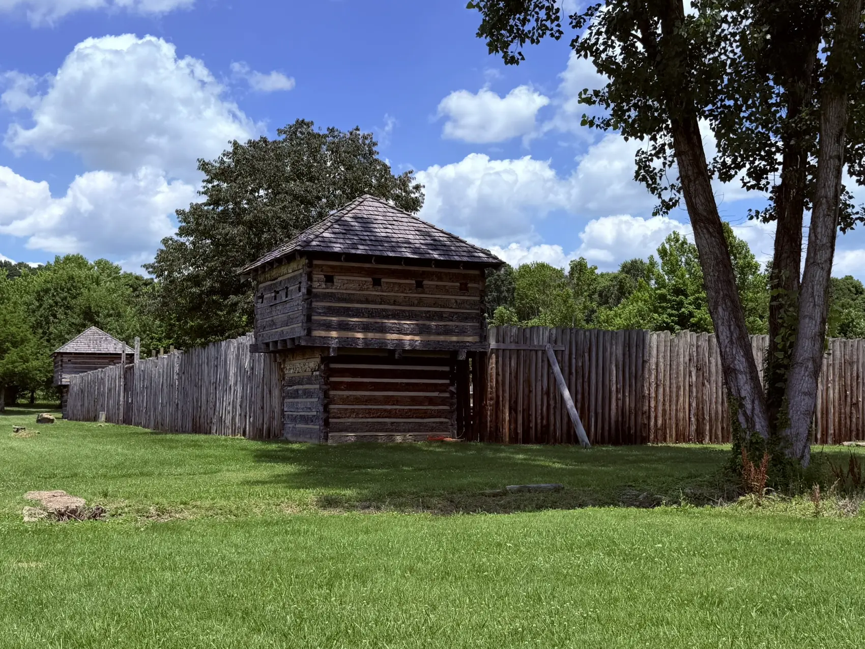 The reconstructed Fort Randolph beneath a summer sky