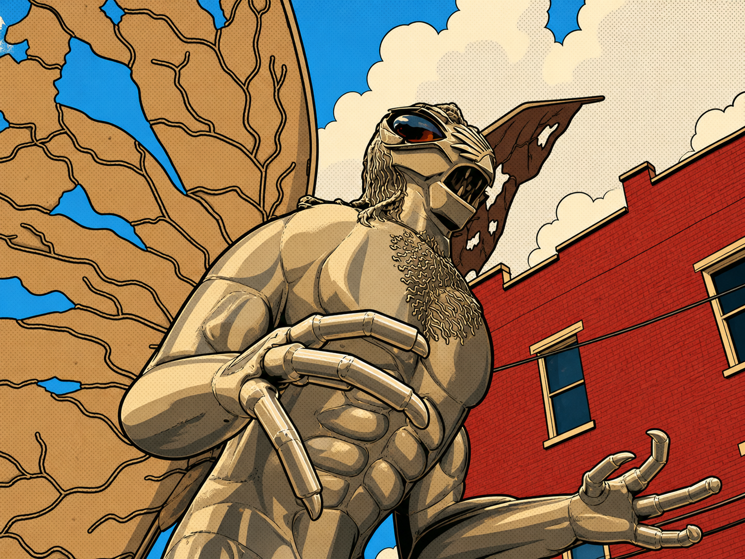 Illustrated Mothman statue against a river map and downtown brick buildings